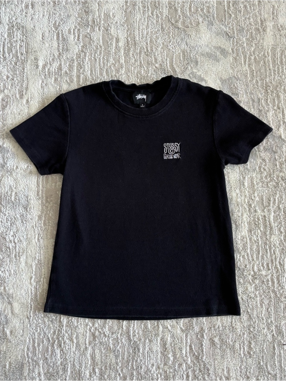 Stussy Womens Ribbed Black Short Sleeve Tee with White Chest Logo